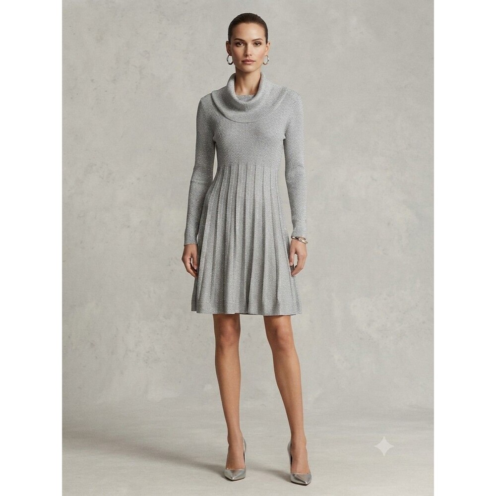 Calvin Klein Cowl Neck Shimmering Sweater Dress Women’s Silver Flare #878